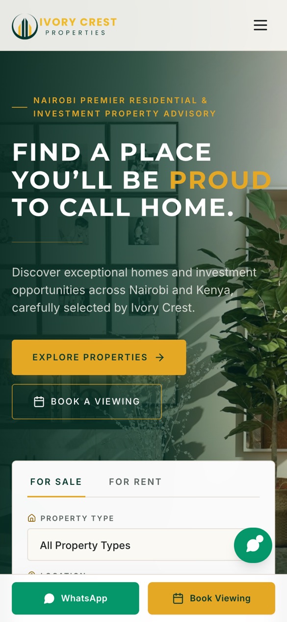 Ivory Crest Properties website on a phone