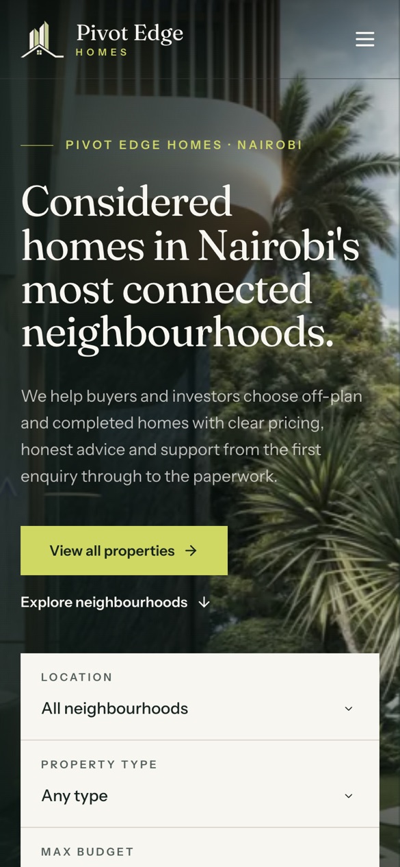 PivotEdge Homes website on a phone